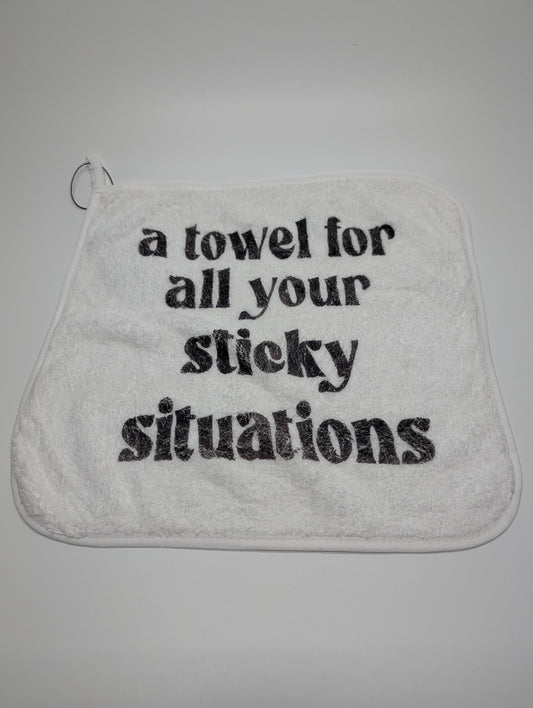 "For All Your Sticky Situations" — Sublimated Cheeky Washcloth | Adult Humor Bathroom Accessory
