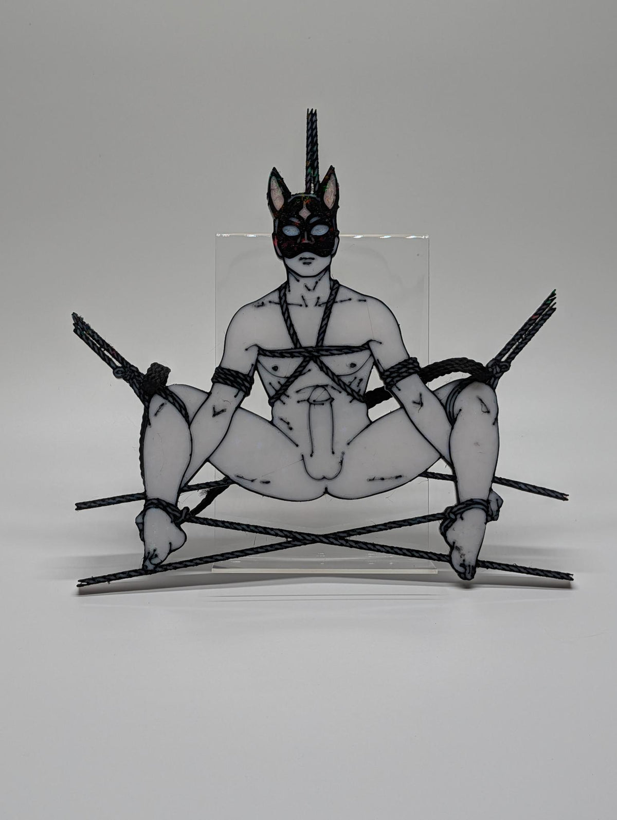 "Cat's Cradle" — Suspended Masked Figure Sun Catcher | 3D Printed Shibari Window Art
