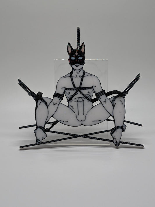 "Cat's Cradle" — Suspended Masked Figure Sun Catcher | 3D Printed Shibari Window Art
