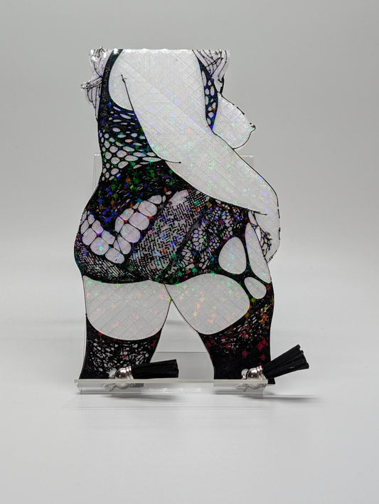 "Star Booty" — Holographic Fishnet Figure Sun Catcher | 3D Printed Glitter Window Art