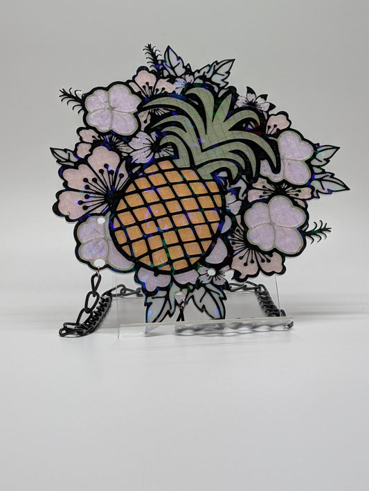 "Pineapple Paradise" — Tropical Floral Pineapple Sun Catcher | 3D Printed Iridescent Window Art